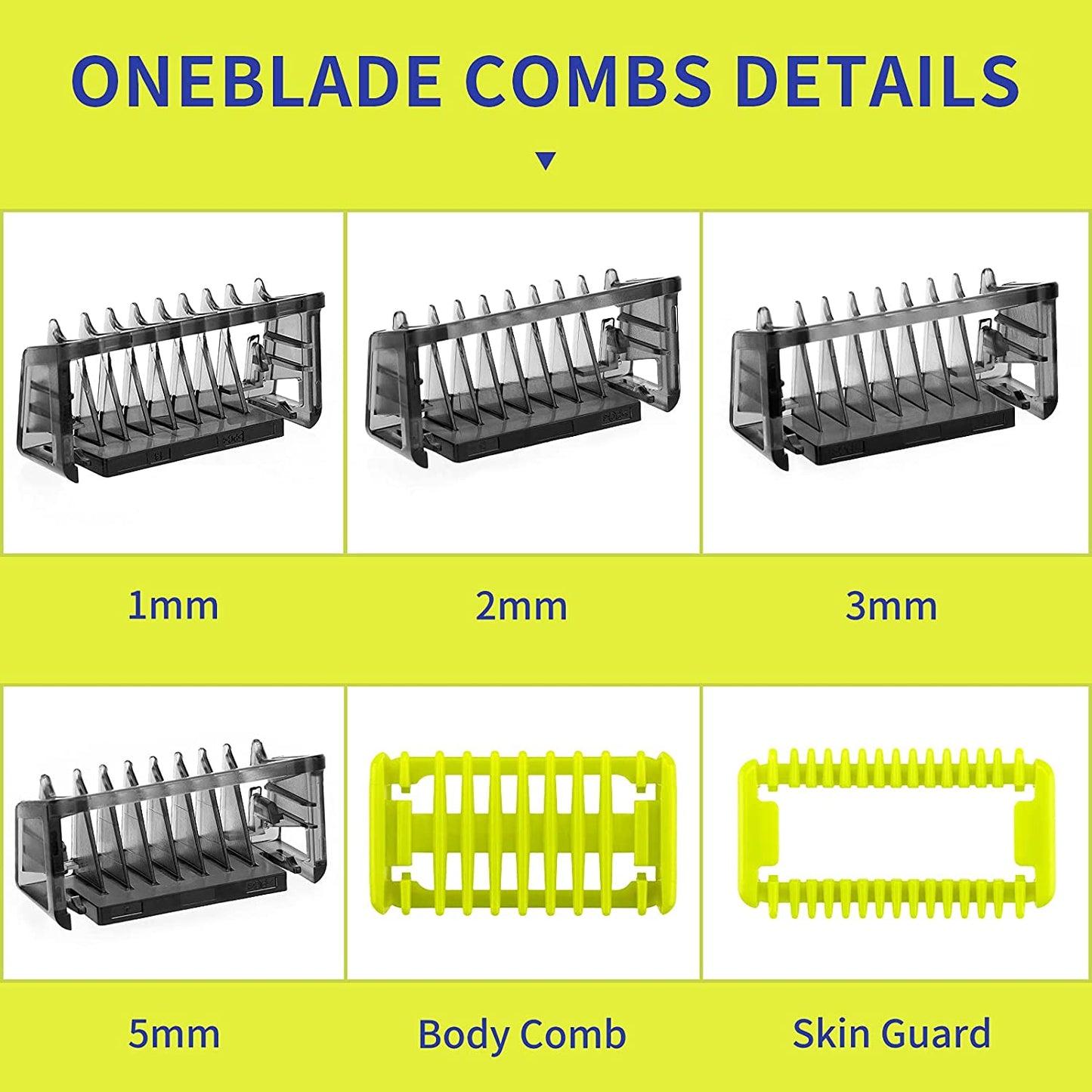 Guide Comb Attachments for Philips One Blade & OneBlade Pro QP2520 QP2530 QP2620 QP2630 QP6510 QP6520 Body Skin Face Hair Clippers Beard Trimmer Replacemen Kit Guards (6pc)