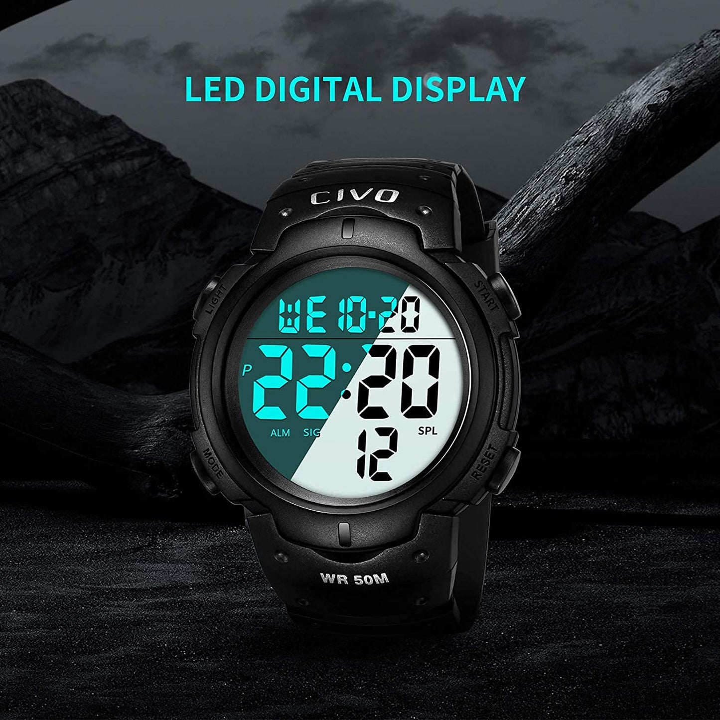 Men's Digital Sports Watch Big Numbers 50M Waterproof Large Face LED Wrist Watch