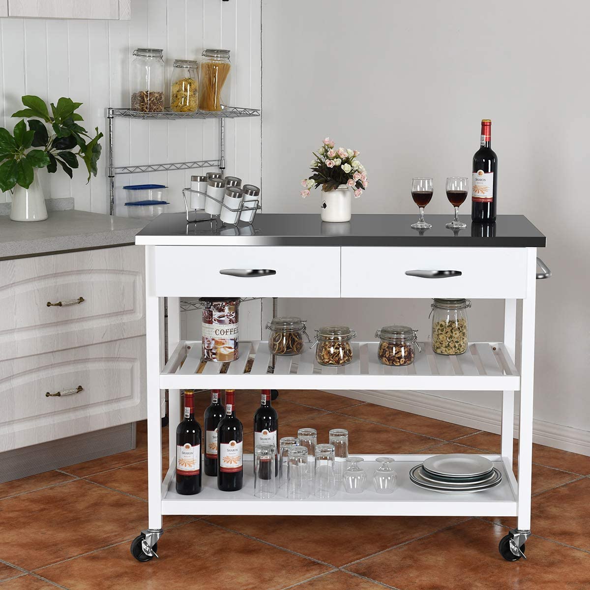 💥SALE💥Kitchen Trolley w/ Stainless Steel Flip Worktop, 2 Drawers, Kitchen Island Cart, White