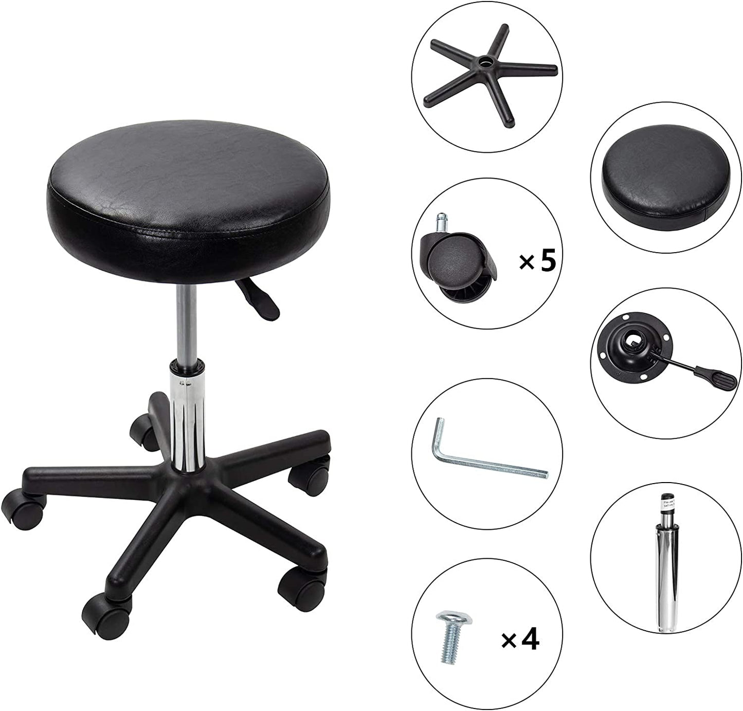 Black Adjustable Rolling Cushion Tattoo Salon Stool,5 Wheels