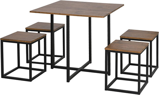 NEW! 5 PCS Industrial Table & Stool Set w/Metal Frame Home Dining Stylish Square Compact Seat
