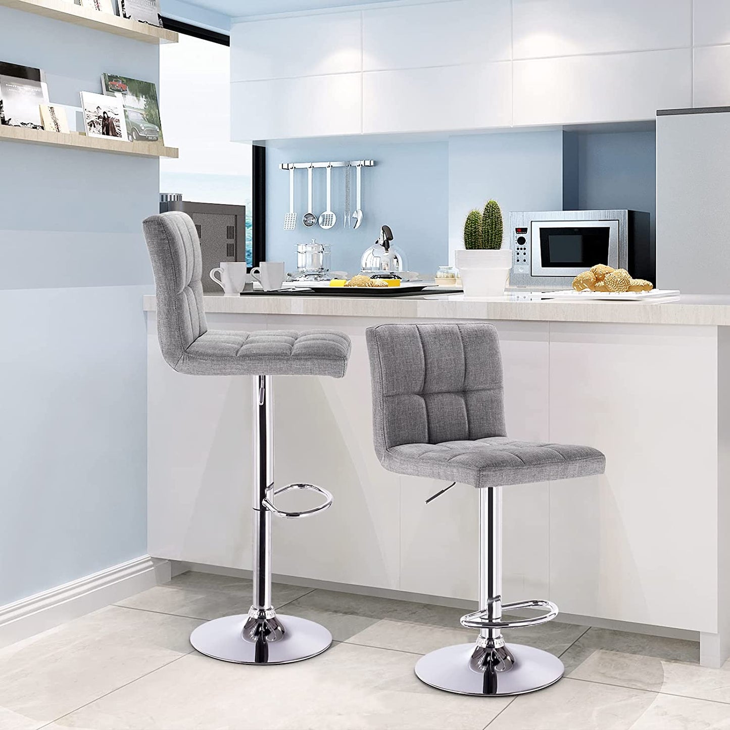 Set of 2 Bar Stools Light Grey Bar Chairs Breakfast Dining Stools for Kitchen Island Counter