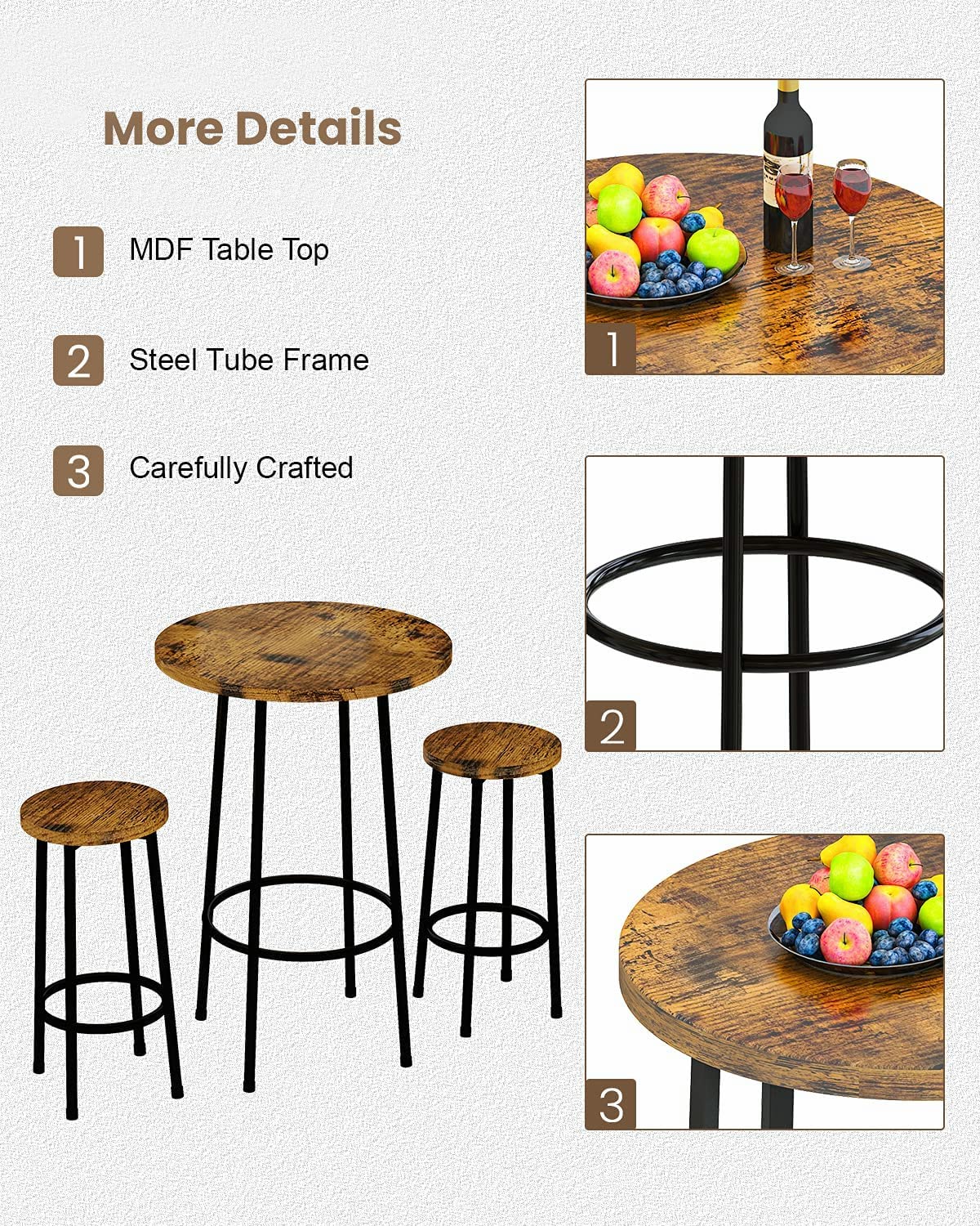 3Pcs Pub Dining Set Industrial Counter Height Dining Sets with 2 Stools, Round Bar Table Chairs Set