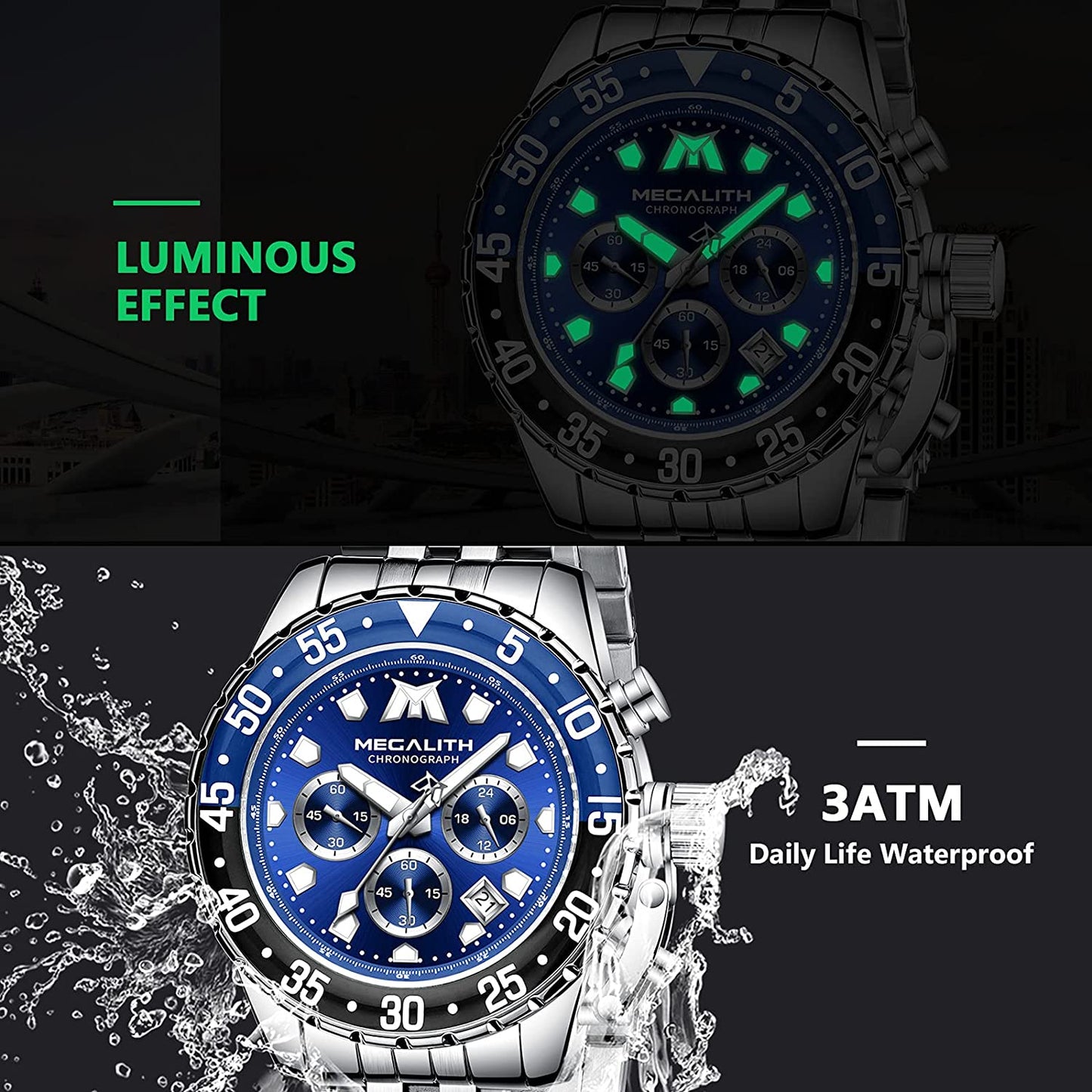 Mens Watch Chronograph Stainless Steel Wrist Watch Large for Men Waterproof Quartz