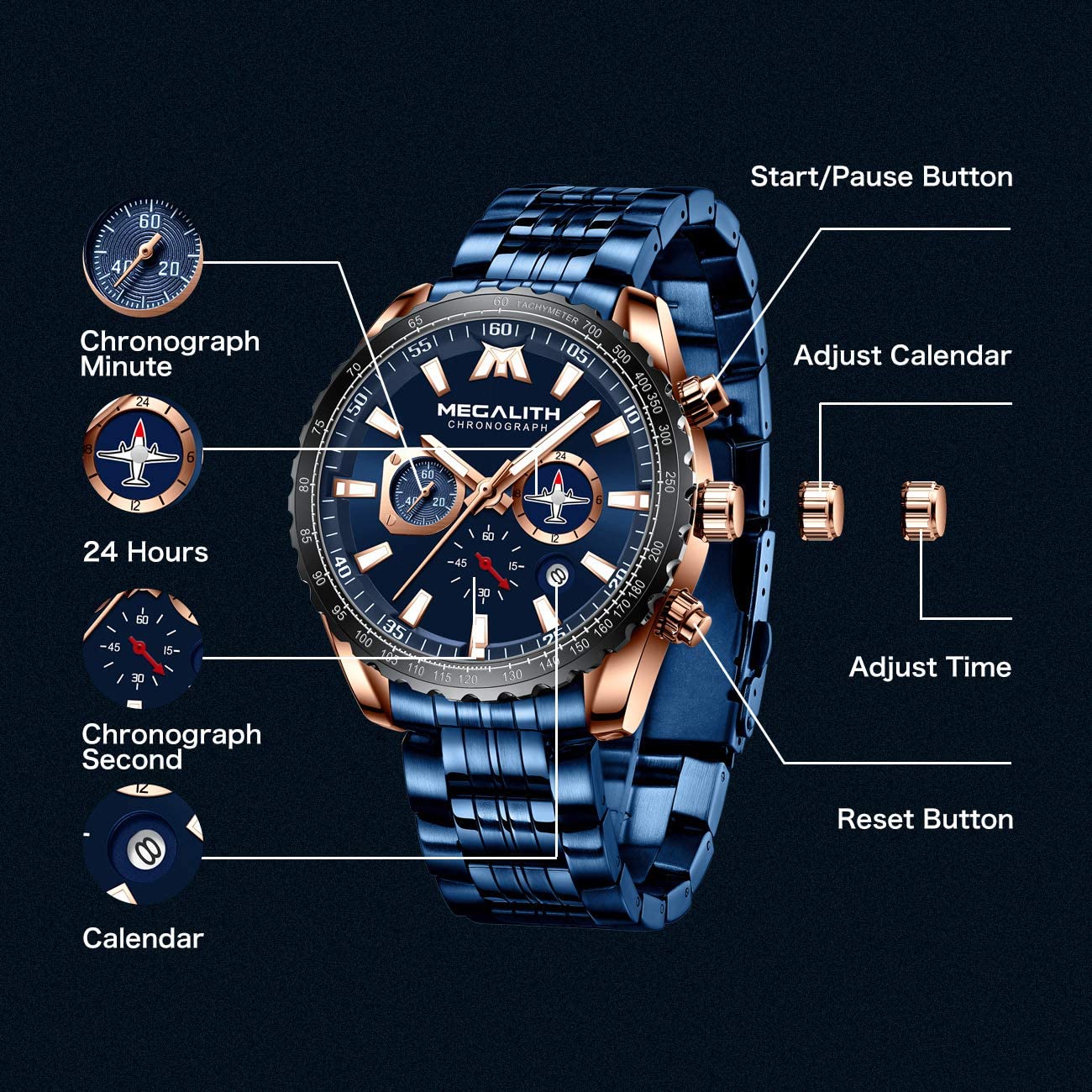 Men's Watches Designer Large Face Analogue Waterproof Stainless Steel Luminous