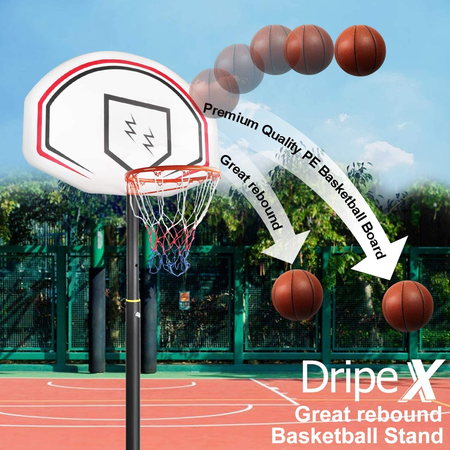Portable Outdoor Free standing Basketball Stand Net Set Height Adjustable w/ Wheels