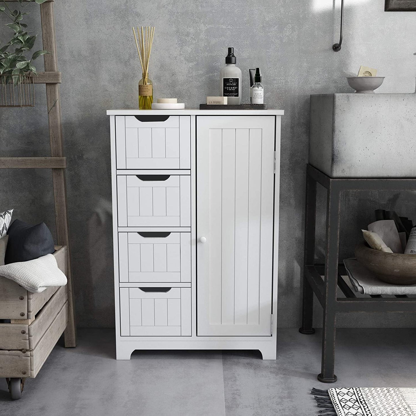 Bathroom Storage Cabinet w/ 4 Drawers 1 Door Adjustable Partition Wooden Modern Style White