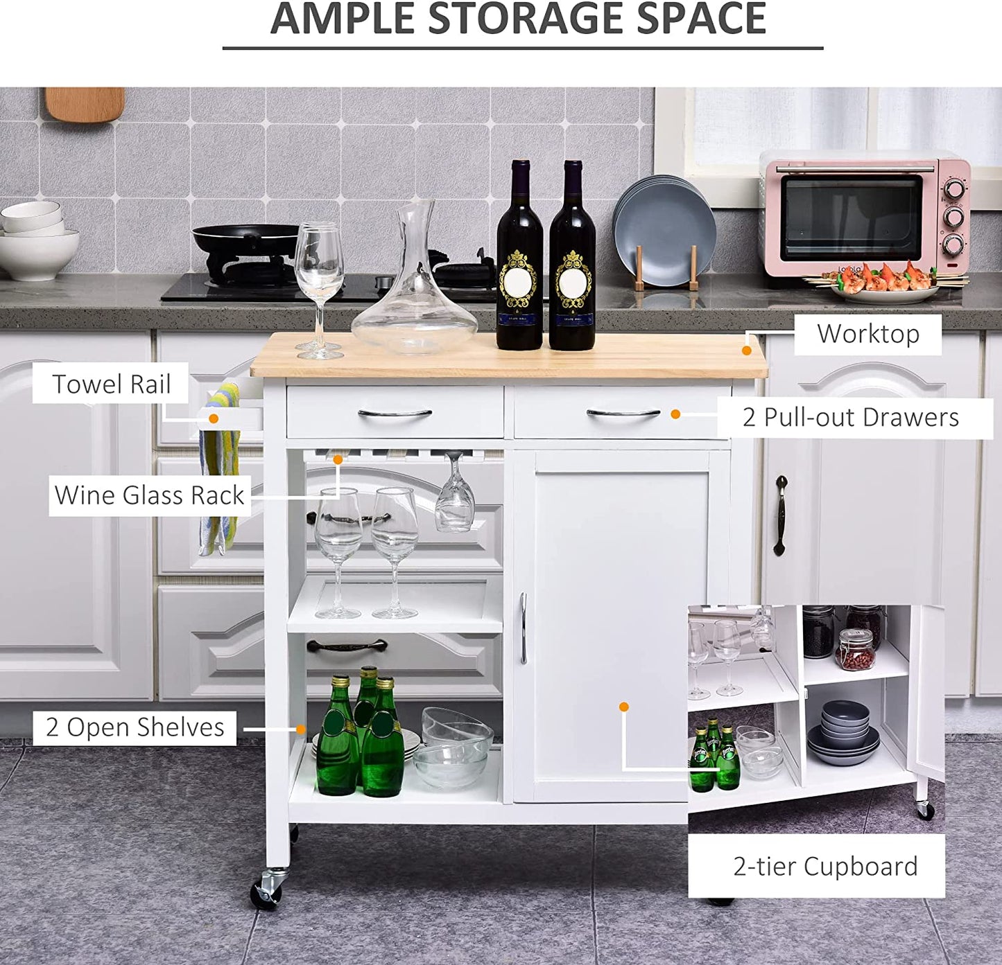 💥FREE SHIPPING💥 Kitchen Storage Trolley Cart Cupboard Shelves Cabinet Island w/ Drawers