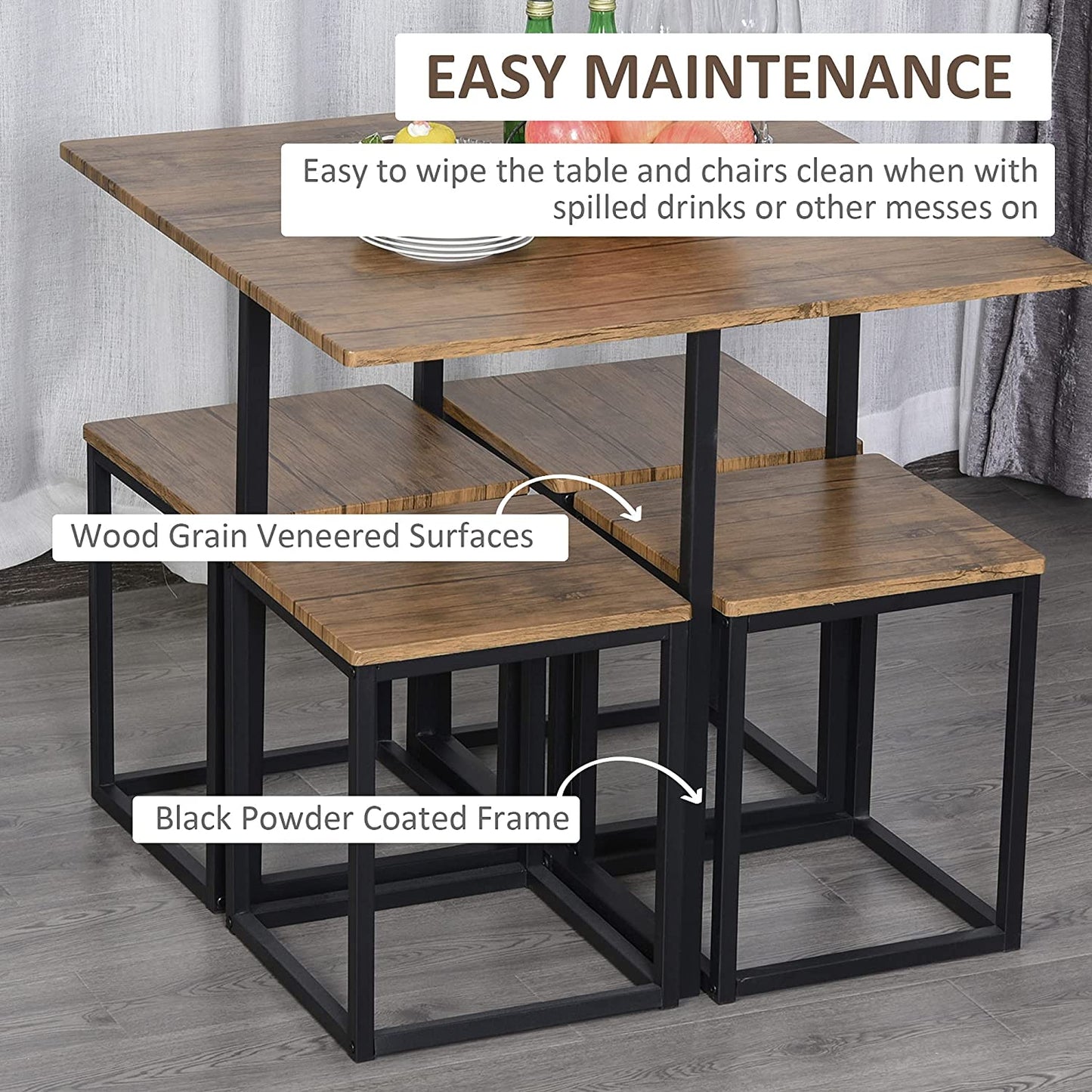 NEW! 5 PCS Industrial Table & Stool Set w/Metal Frame Home Dining Stylish Square Compact Seat