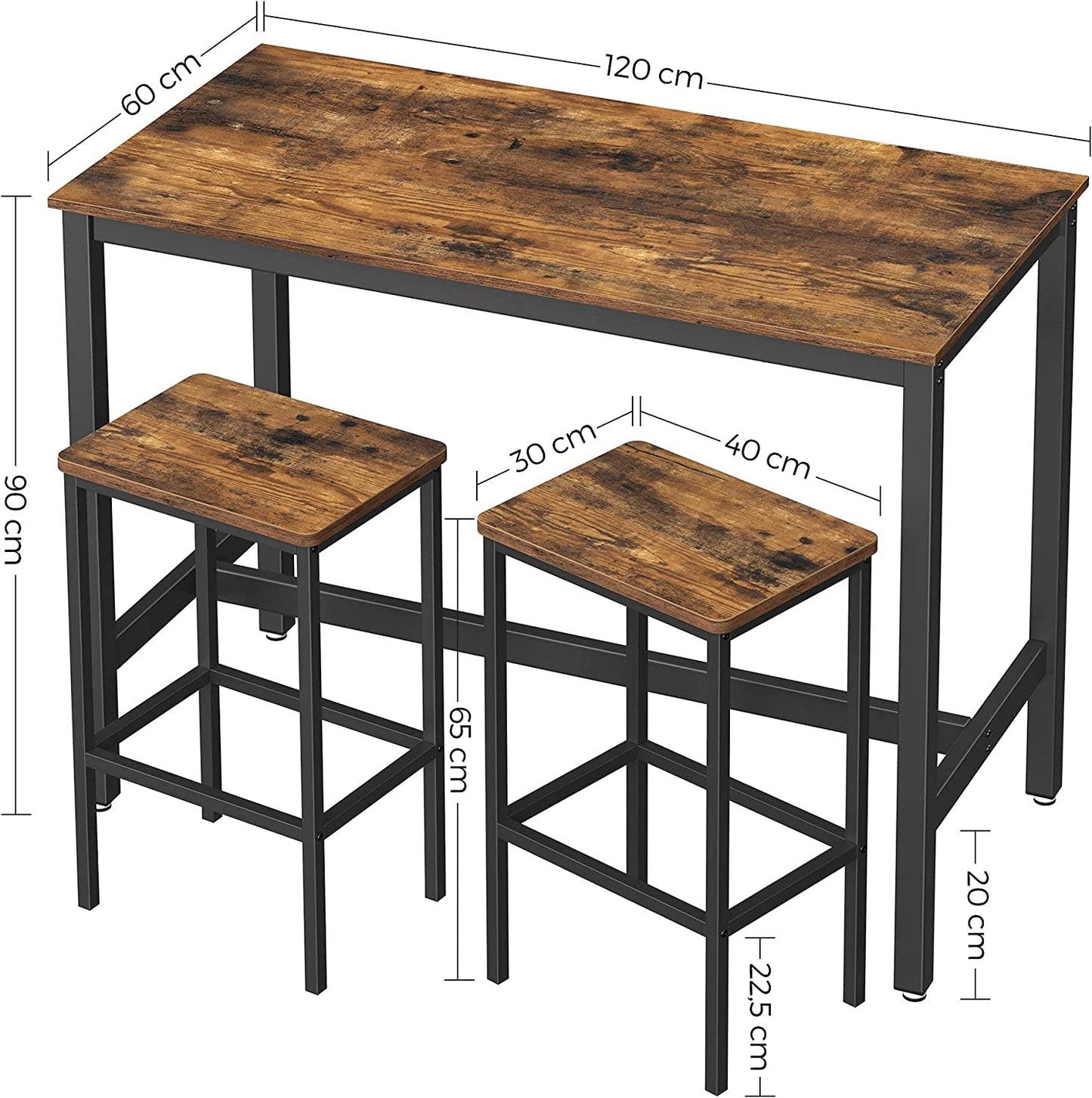 NEW Dining Table Set Bar Table with 2 Bar Stools, Rustic Brown