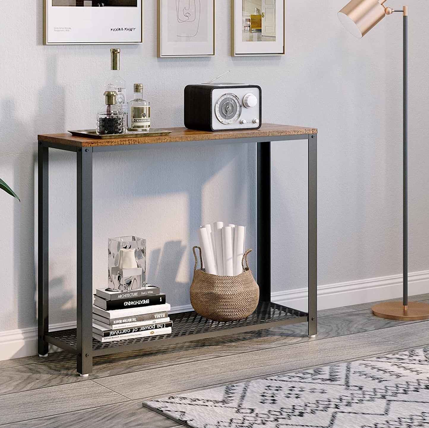 Console Table, Narrow Hallway Table with Metal Frame Storage Style Industrial, Rustic Brown