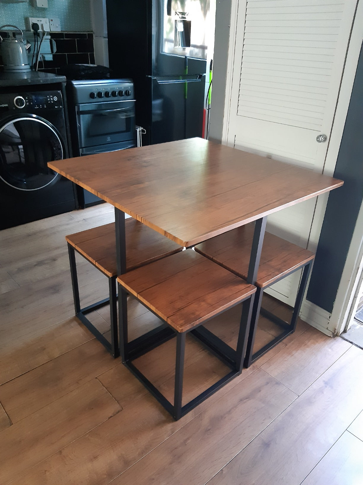 NEW! 5 PCS Industrial Table & Stool Set w/Metal Frame Home Dining Stylish Square Compact Seat