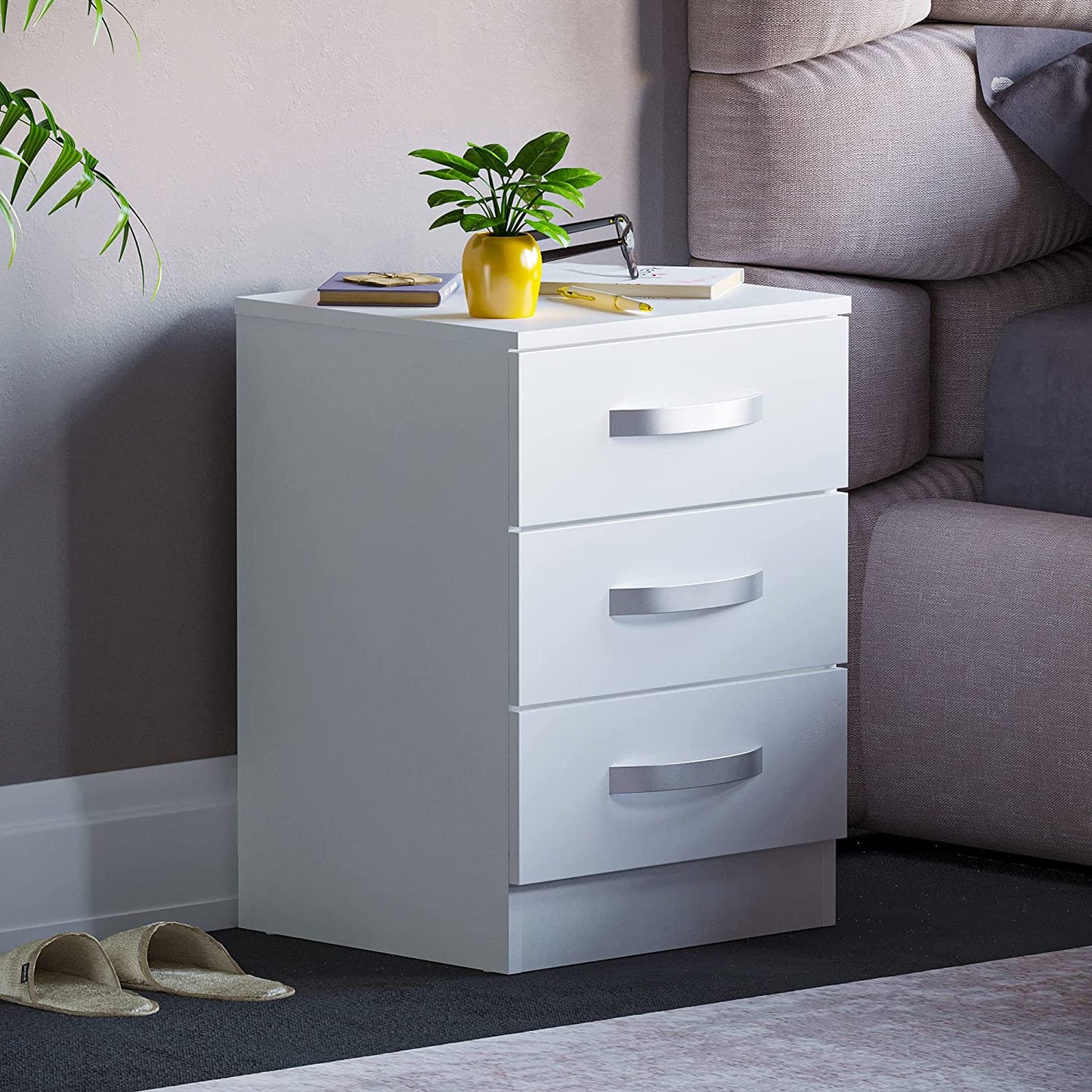High Gloss 3 Drawer Bedside Cabinet, White, 56 x 40 x 36 cm