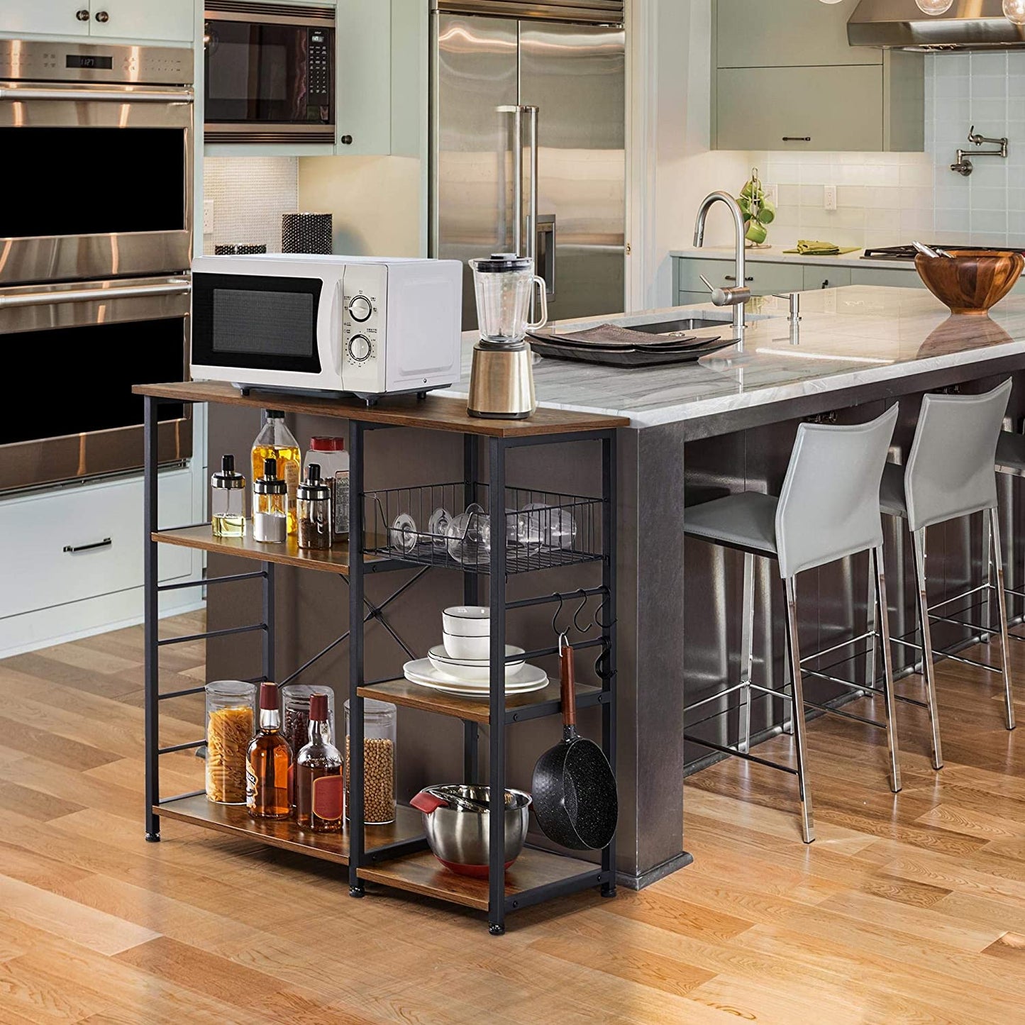 Baker's Rack Industrial Kitchen Island Microwave Storage Rack with Metal Mesh Basket BRAND NEW