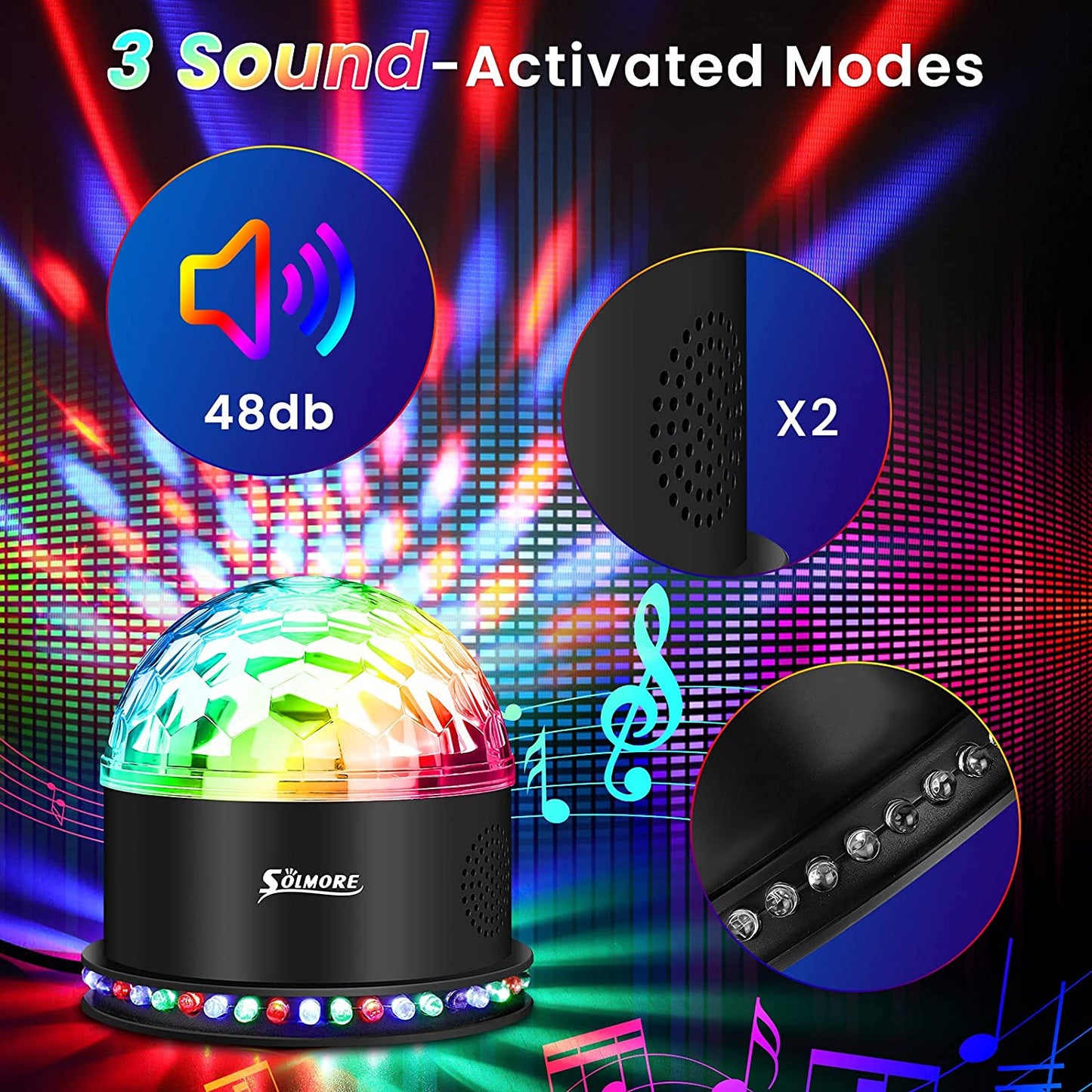 54 LEDs Disco Ball Lights with Music Player 5W RGB Party Lights Sound Activated Automatic Strobe