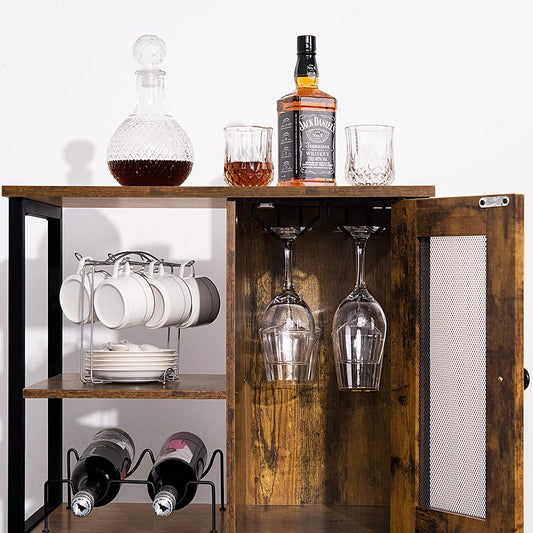 Wine Bar Cabinet Table with Wine Rack & Glass Holder, Industrial Wood Coffee Bar