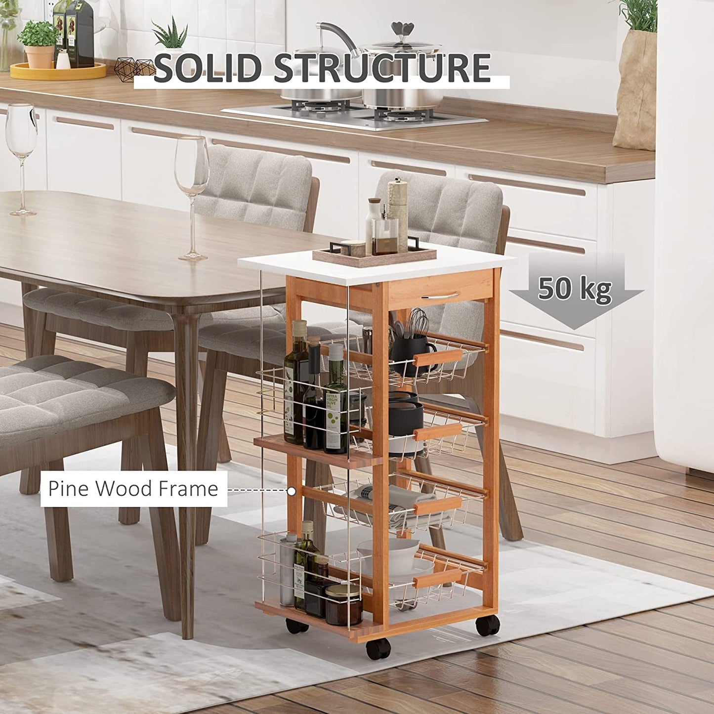 💥SALE💥 Rolling Kitchen Utility Storage Cart w/ 4 Basket Drawers & Side Racks, Brown