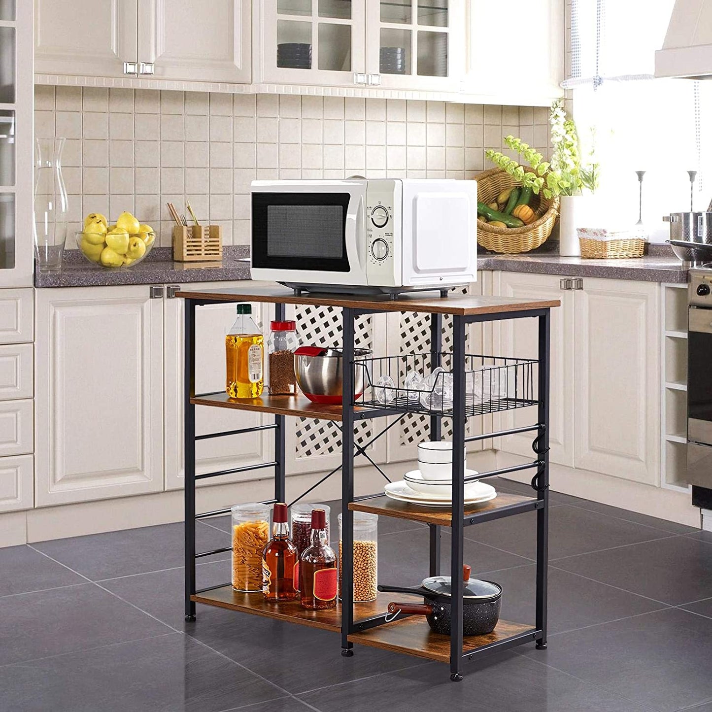 Baker's Rack Industrial Kitchen Island Microwave Storage Rack with Metal Mesh Basket BRAND NEW