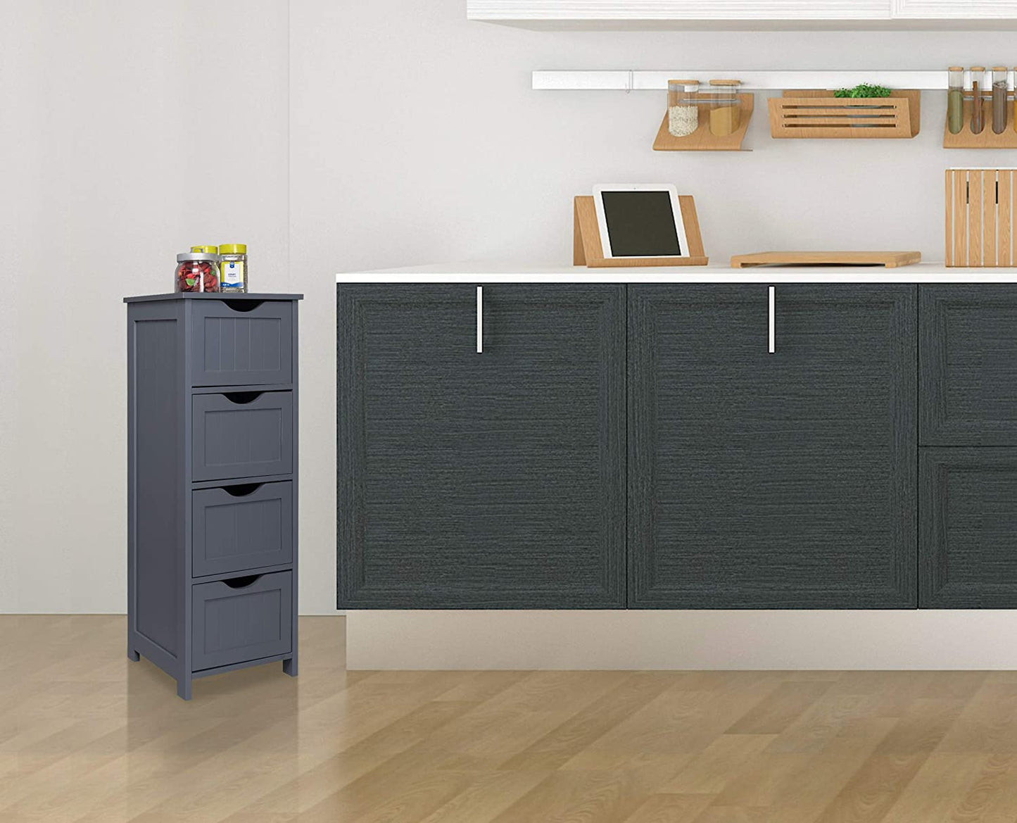 Bathroom Floor Storage Cabinet, Free-Standing Storage Unit Cupboard with 4 Drawers, Grey