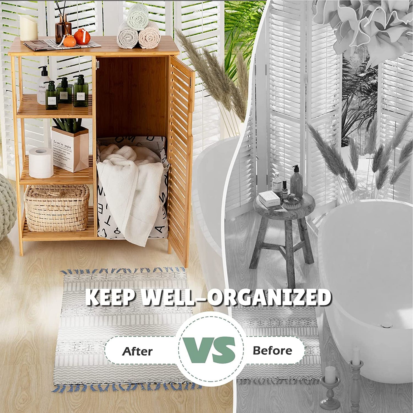 Bamboo Bathroom Cabinet Single Door Freestanding Floor Cabinets with 3-Tier Open Shelves