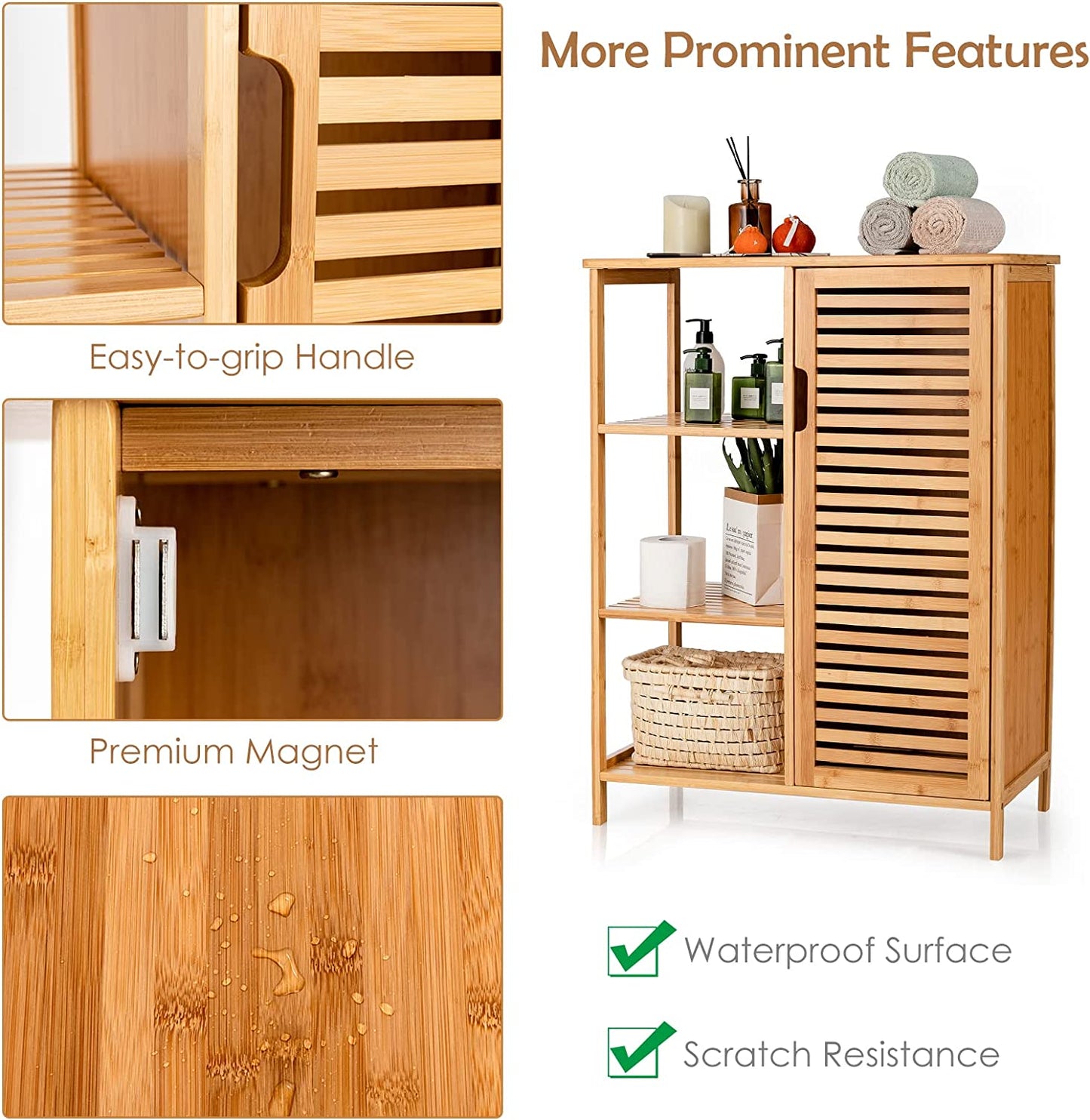Bamboo Bathroom Cabinet Single Door Freestanding Floor Cabinets with 3-Tier Open Shelves