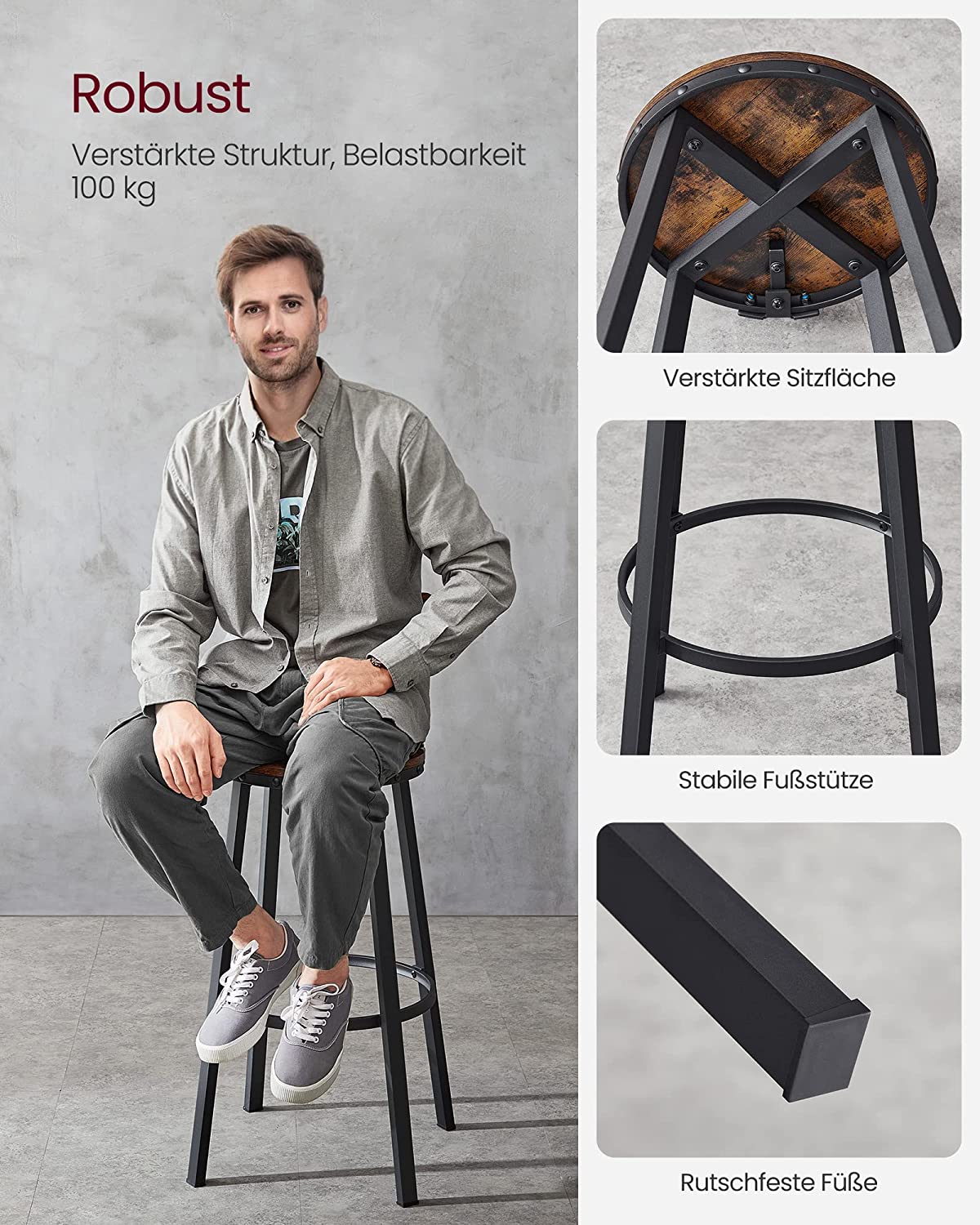 Set of 2 Tall Bar Stools Chairs with Backrest, Steel Frame Rustic Brown 73cm