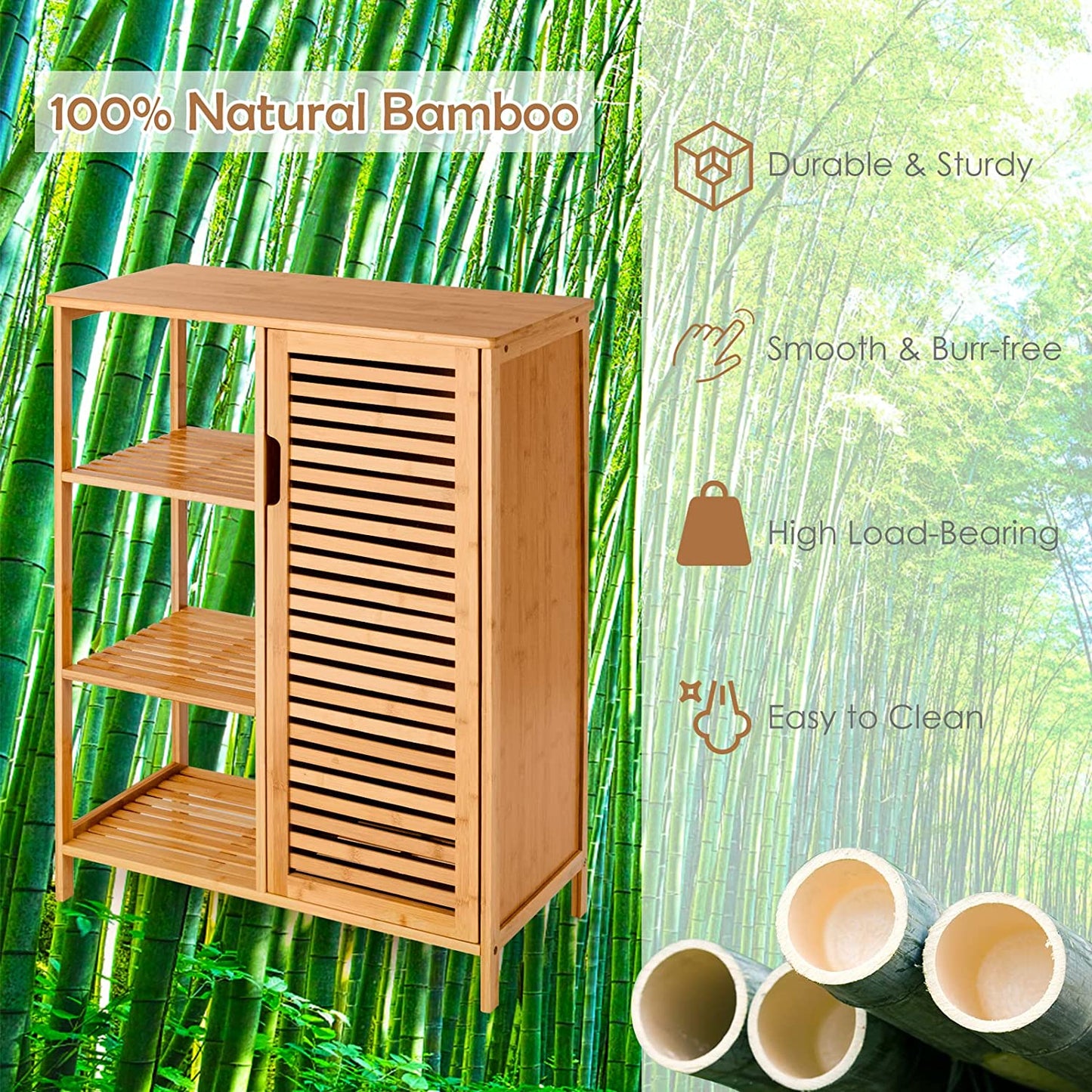 Bamboo Bathroom Cabinet Single Door Freestanding Floor Cabinets with 3-Tier Open Shelves