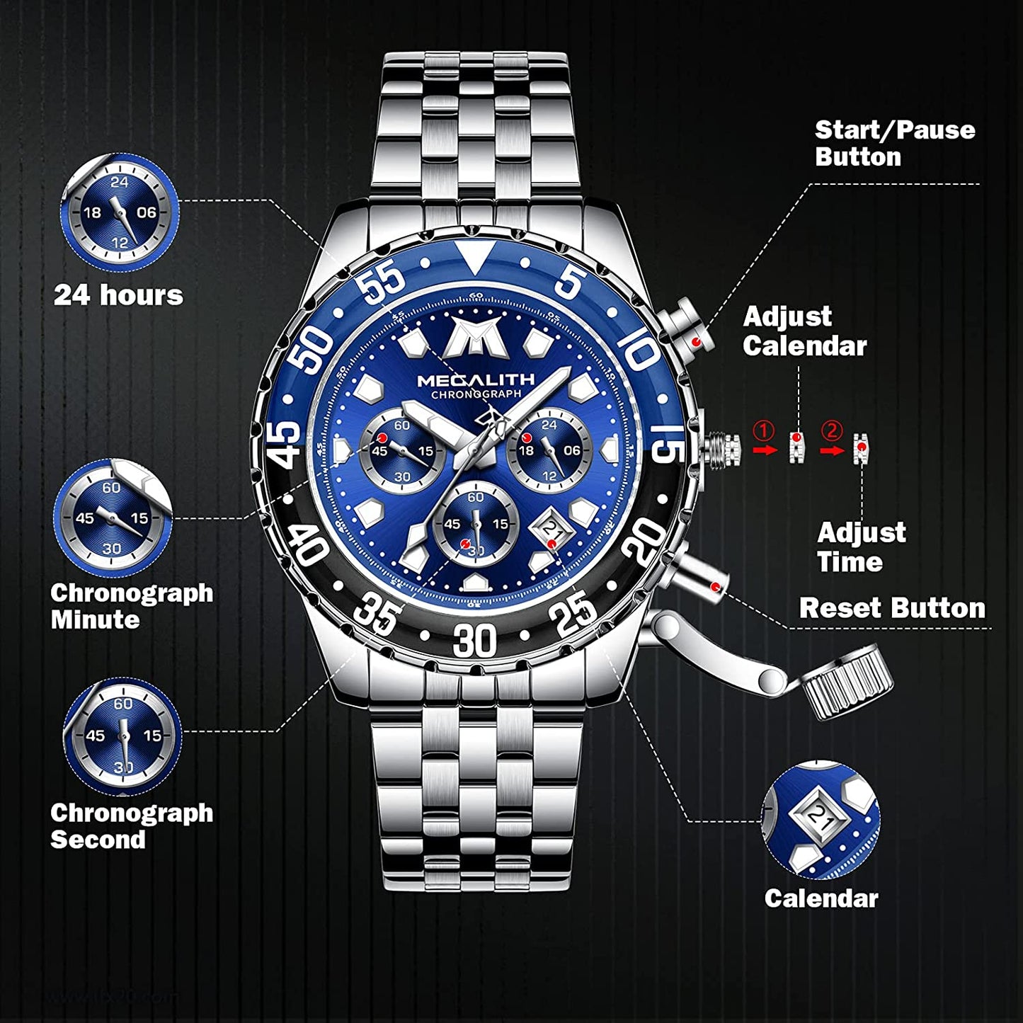 Mens Watch Chronograph Stainless Steel Wrist Watch Large for Men Waterproof Quartz