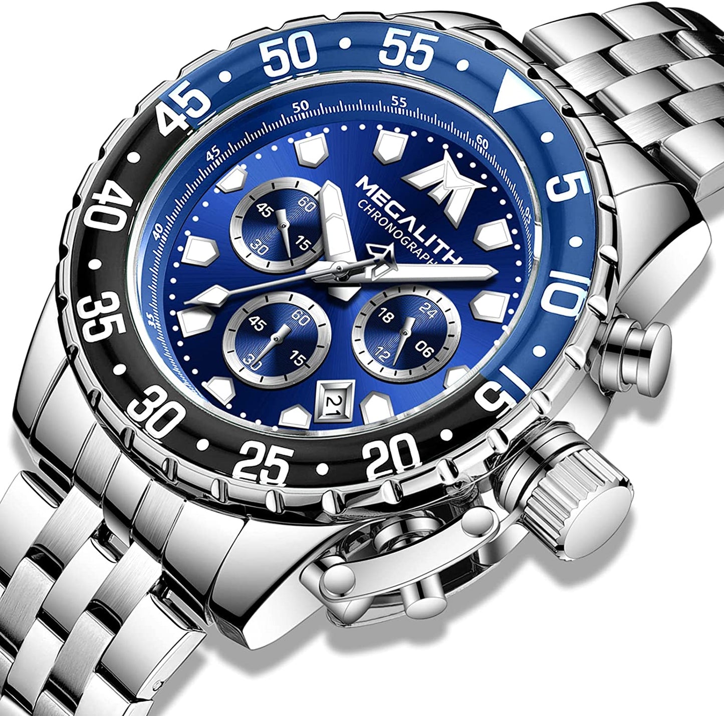 Mens Watch Chronograph Stainless Steel Wrist Watch Large for Men Waterproof Quartz