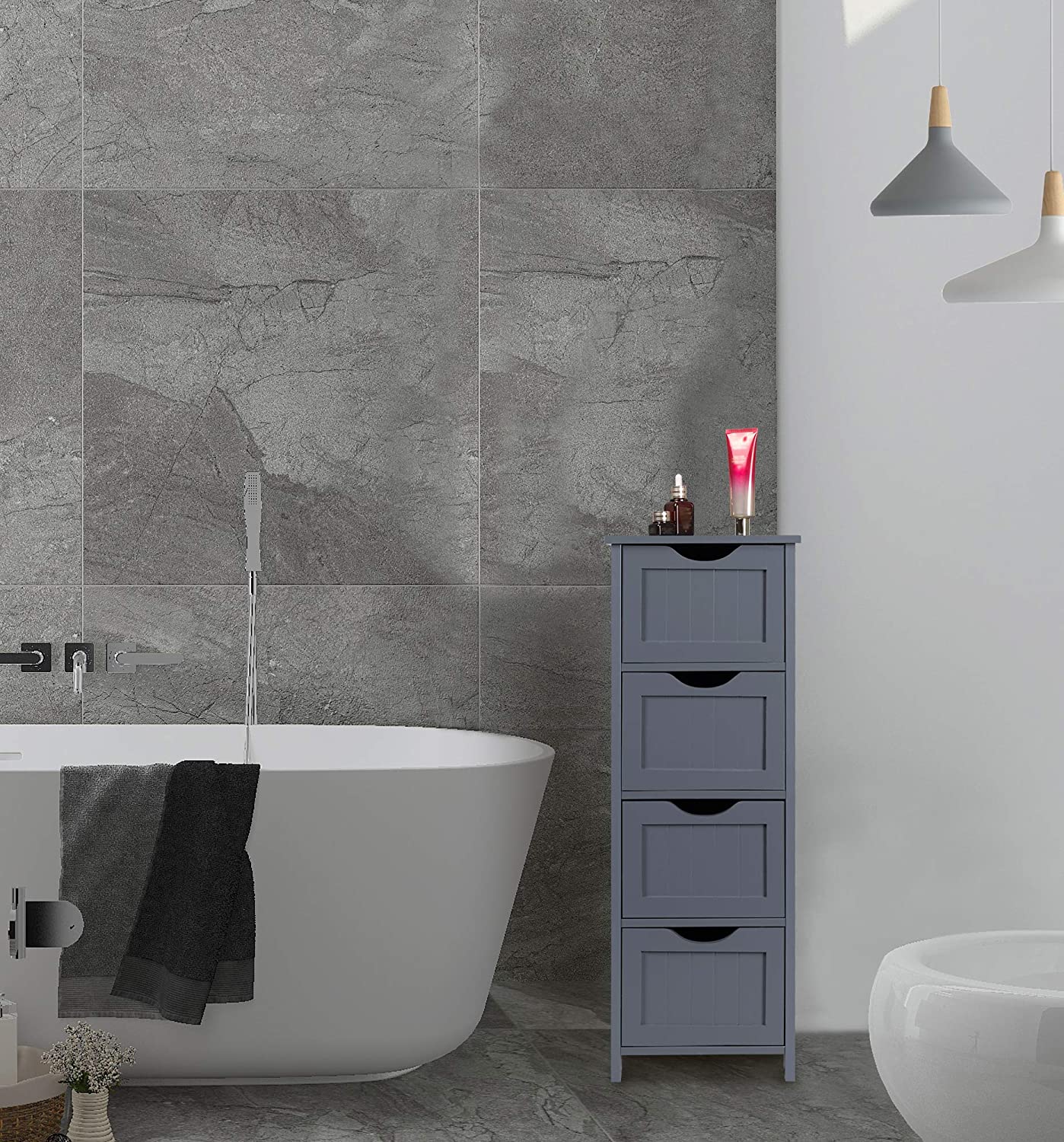 Bathroom Floor Storage Cabinet, Free-Standing Storage Unit Cupboard with 4 Drawers, Grey