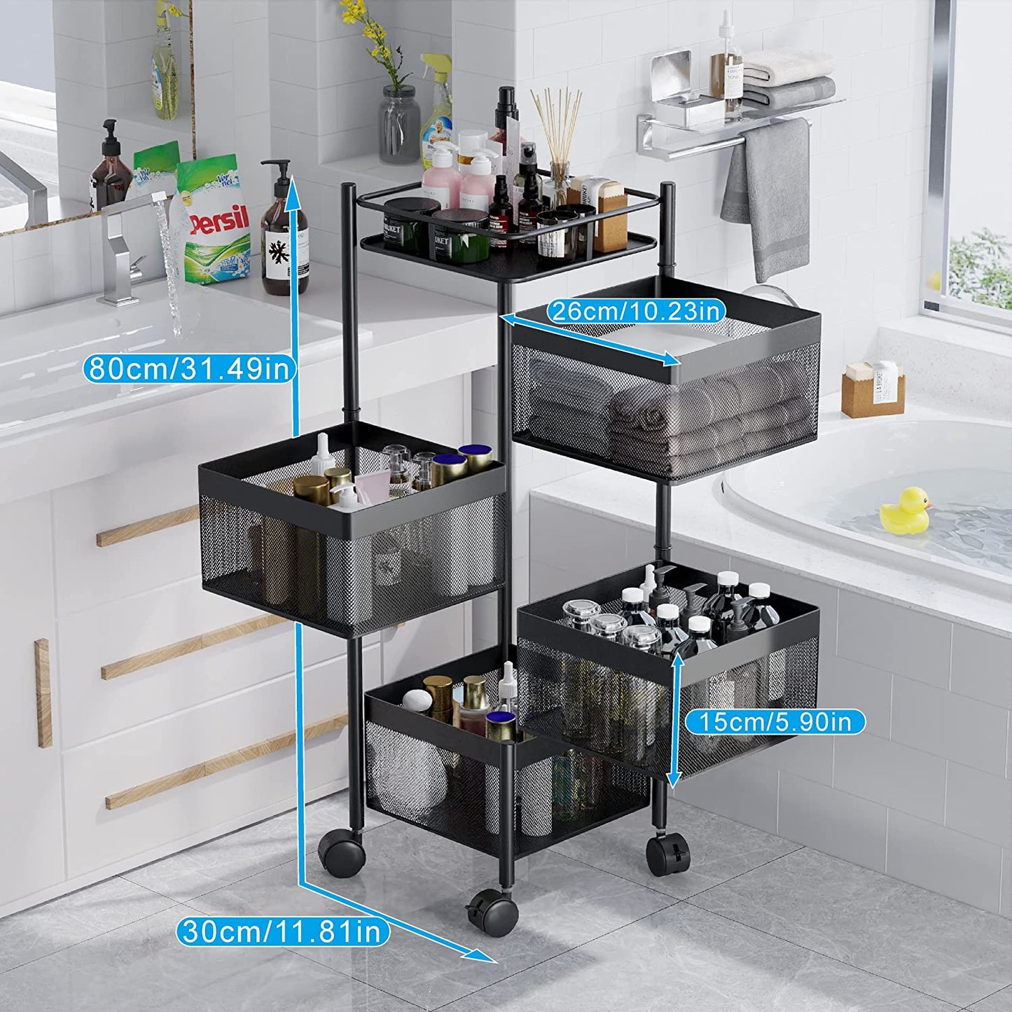 💥SALE💥4 Tier Square Rotating Storage Shelves for Kitchen with Removable Rollers