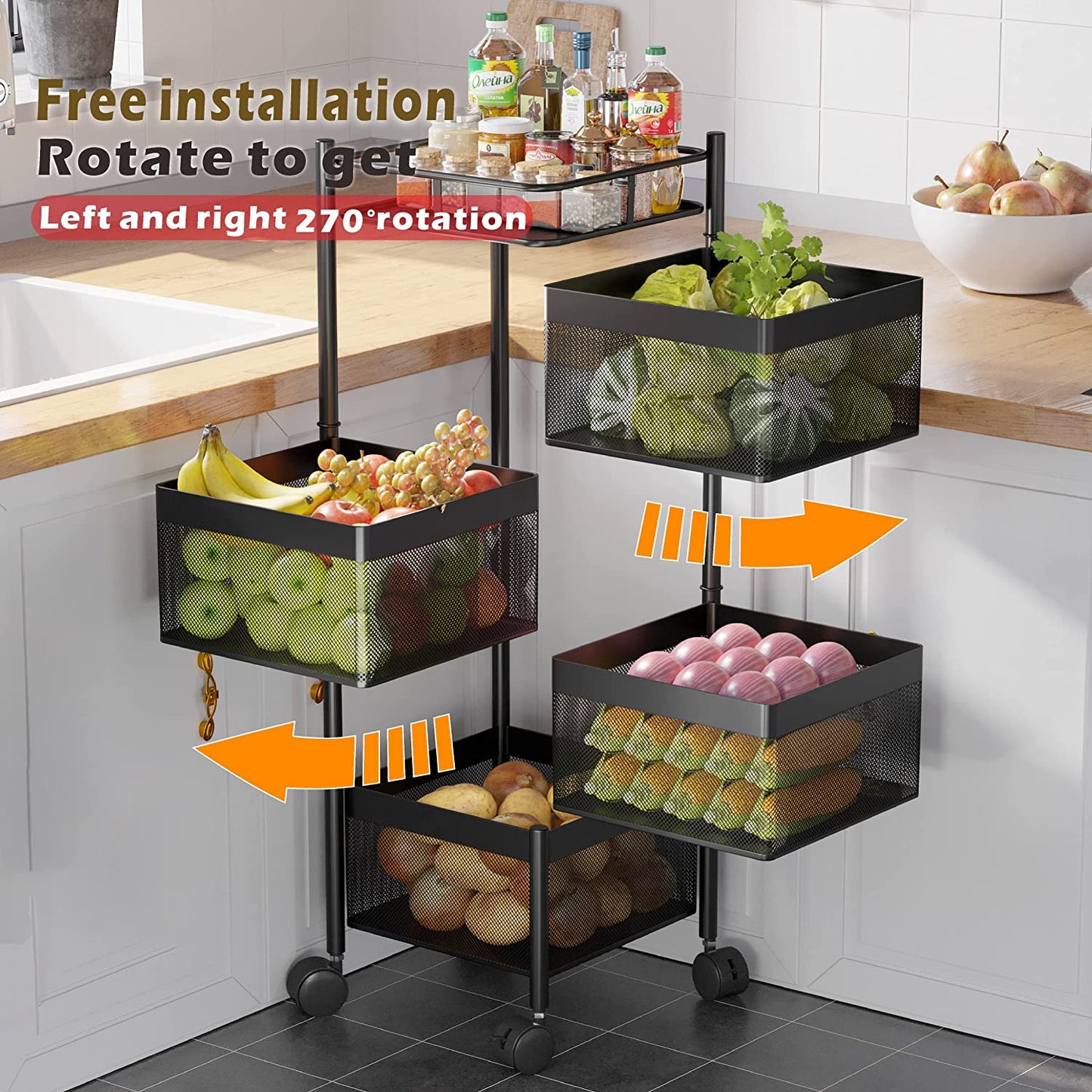💥SALE💥4 Tier Square Rotating Storage Shelves for Kitchen with Removable Rollers