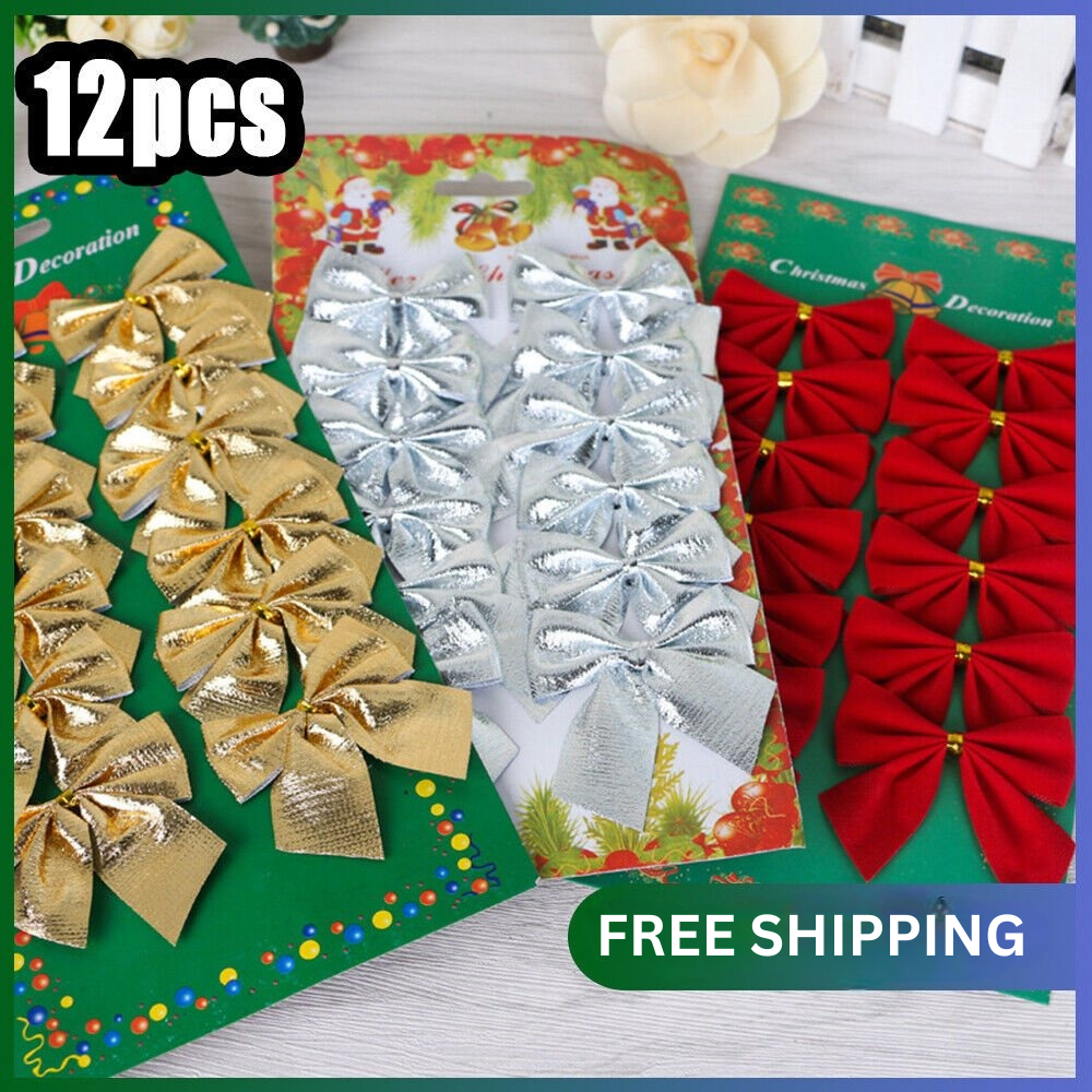 12 Pcs Christmas Tree Decoration Glittered Bow Gift