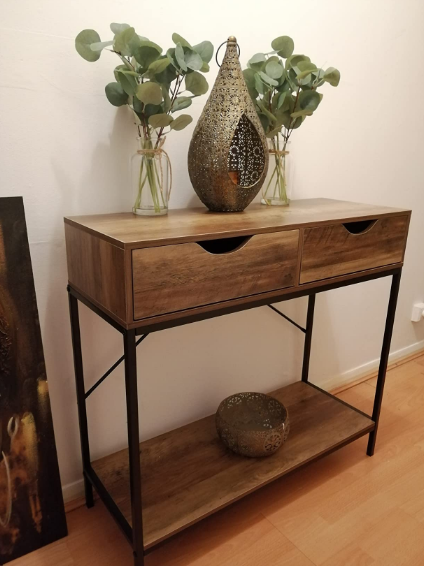 2 Drawer Console Table Black Metal Frame & Wooden Drawers and Shelf  Furniture