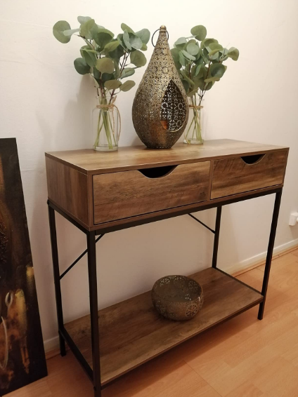 2 Drawer Console Table Black Metal Frame & Wooden Drawers and Shelf Furniture