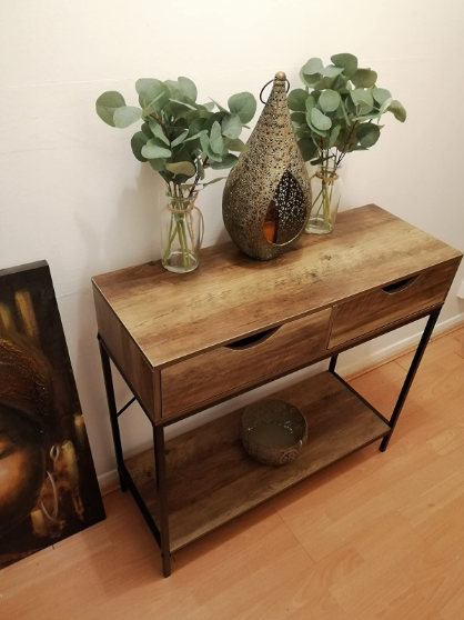2 Drawer Console Table Black Metal Frame & Wooden Drawers and Shelf Furniture