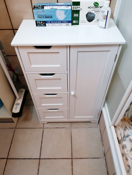 Bathroom Storage Cabinet w/ 4 Drawers 1 Door Adjustable Partition Wooden Modern Style White