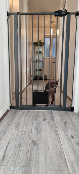 Pet Gate with Lockable Cat Flap Pressure Fitted to 75cm - 148.7cm Stair