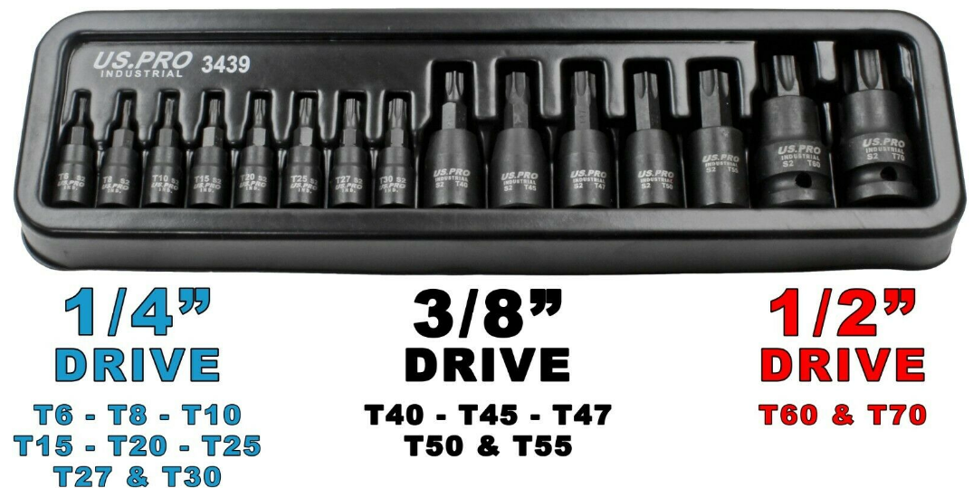 💥SALE💥US PRO INDUSTRIAL IMPACT TORX BIT SOCKET SET T6 - T70 1/4" 3/8" 1/2"dr TRX 3439