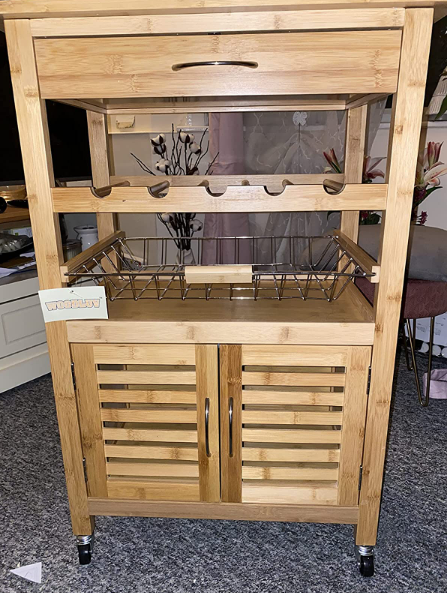 💥SALE💥 Bamboo Kitchen Trolley Cart with Drawer, Wire Basket, Storage Cabinet & Wine Rack