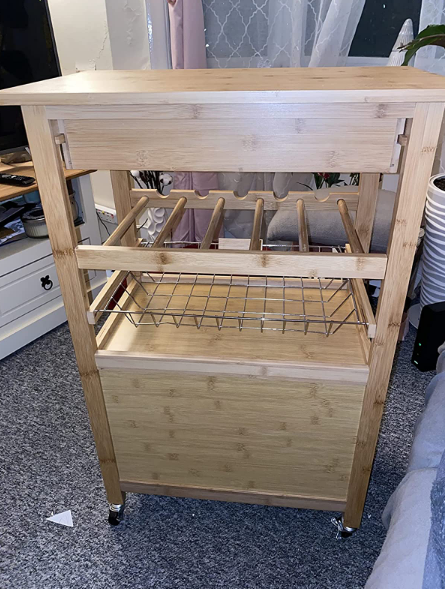 💥SALE💥 Bamboo Kitchen Trolley Cart with Drawer, Wire Basket, Storage Cabinet & Wine Rack