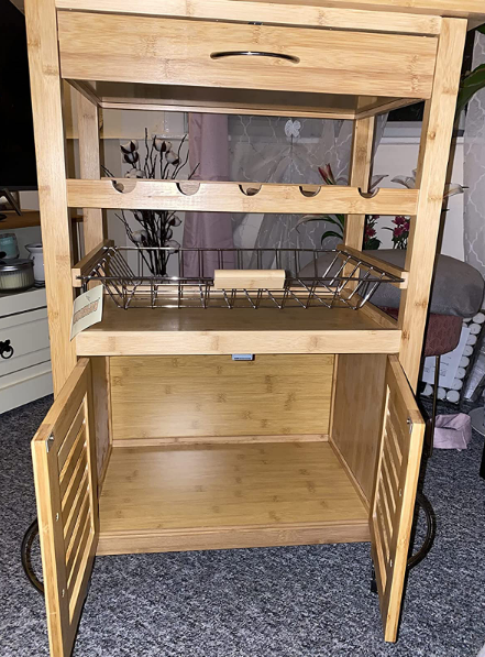 💥SALE💥 Bamboo Kitchen Trolley Cart with Drawer, Wire Basket, Storage Cabinet & Wine Rack