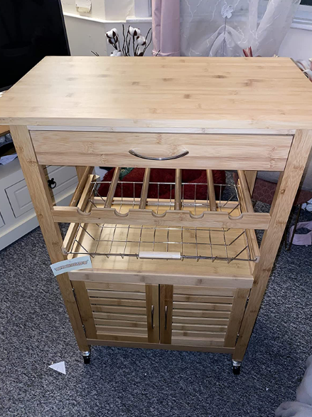 💥SALE💥 Bamboo Kitchen Trolley Cart with Drawer, Wire Basket, Storage Cabinet & Wine Rack