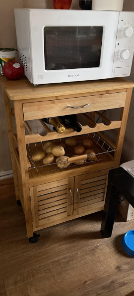 💥SALE💥 Bamboo Kitchen Trolley Cart with Drawer, Wire Basket, Storage Cabinet & Wine Rack