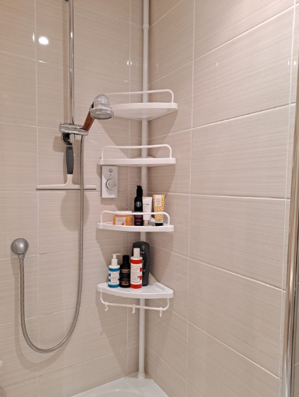 Adjustable Bathroom Corner Shelf, Telescopic Shower Caddy, with 4 Trays, 3 Hooks, White