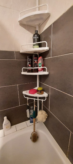 Adjustable Bathroom Corner Shelf, Telescopic Shower Caddy, with 4 Trays, 3 Hooks, White