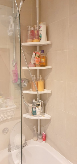 Adjustable Bathroom Corner Shelf, Telescopic Shower Caddy, with 4 Trays, 3 Hooks, White