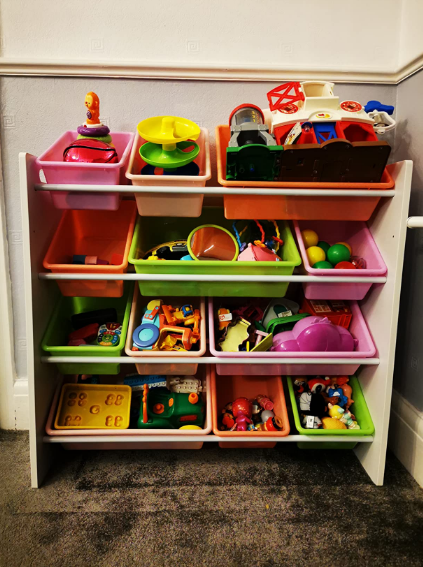 Kids’ Toy Storage Organizer with 12 Plastic Bins - White Wood with Pink Bins