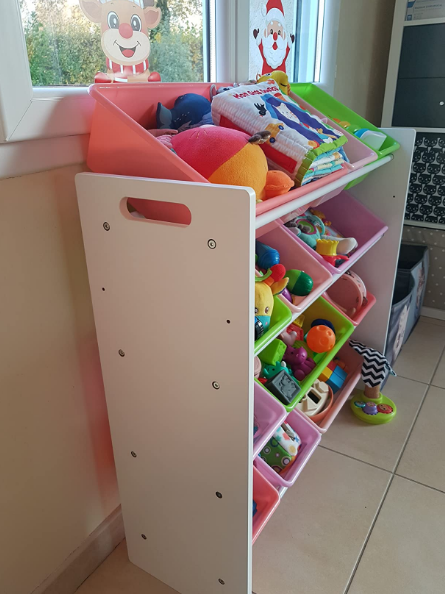 Kids’ Toy Storage Organizer with 12 Plastic Bins - White Wood with Pink Bins