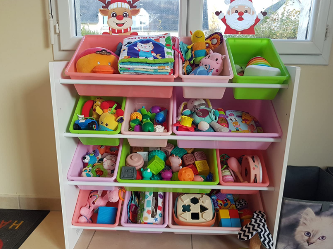 Kids’ Toy Storage Organizer with 12 Plastic Bins - White Wood with Pink Bins